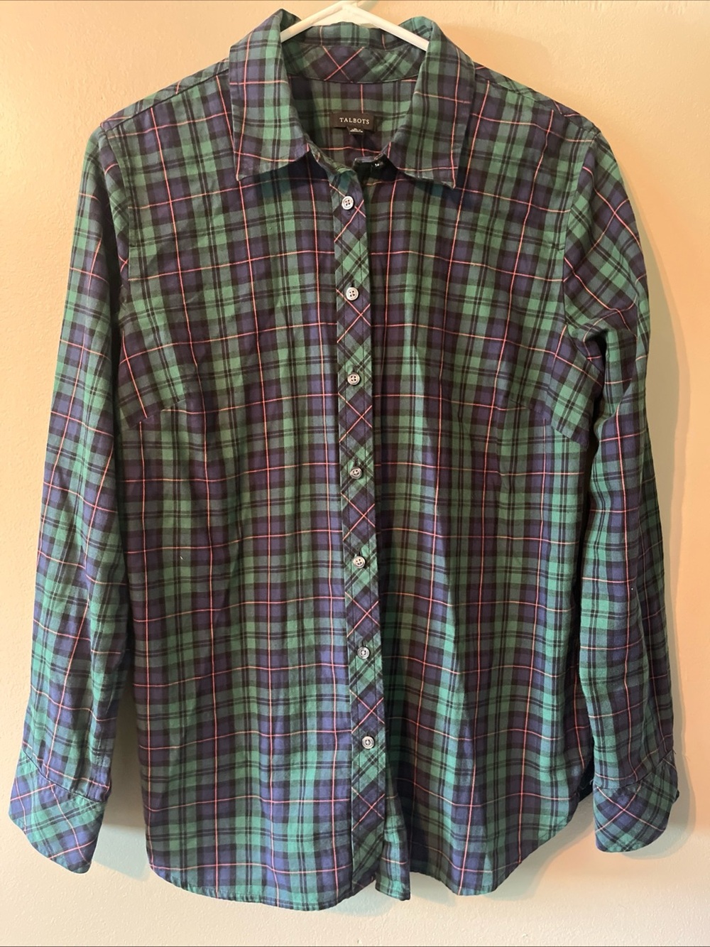 Women’s Talbots Green Blue Button Up Plaid Shirt Medium 100% Cotton